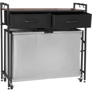 VEVOR 3 Section Laundry Sorter, Large Laundry Hamper with Metal Frame and Wooden Tabletop, Freestanding Storage Organizer Baskets with Pull-Out 600D Oxford Cloth Bags for Dirty Clothes, Bathroom(3 Section with 2 Drawers)