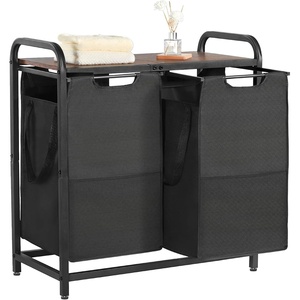 VEVOR 3 Section Laundry Sorter, Large Laundry Hamper with Metal Frame and Wooden Tabletop, Freestanding Storage Organizer Baskets with Pull-Out 600D Oxford Cloth Bags for Dirty Clothes, Bathroom(2 Section)