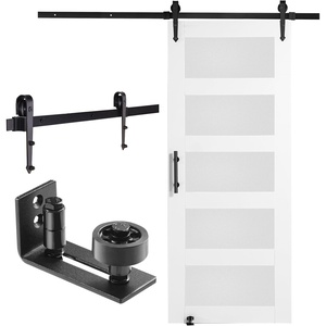 VEVOR 30 x 84 in Glass Sliding Solid Wood Barn Door with 5.5FT Sliding Door Hardware Kit with Handle & Floor Guide, 5 Tempered Frosted Glass, Water-Proof & Scratch-Resistant, Pre Drilled Easy Assembly