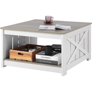 VEVOR 31.5″ Farmhouse Coffee Table, Square Coffee Table with Open Storage Compartment, Wooden Rustic Cocktail Table for Living Room, Bedroom, Apartment, Studio, Grey & White(White)