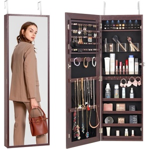 VEVOR 360° Swivel Jewelry Cabinet, 65.1-inch Tall, Full-Length Mirror with Storage, Standing Rotatable Jewelry Armoire Organizer, Lockable with 2 Keys, Accessory Pouches, Storage Shelves and Drawer(Brown)