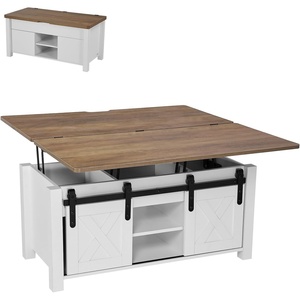 VEVOR 39.4 in Farmhouse Lift Top Coffee Table, Rustic Center Table with Barn Door and Hidden Storage Compartment, Modern Rectangle Lifting Tabletop for Living Room, Office, Home, Easy Assembly, White