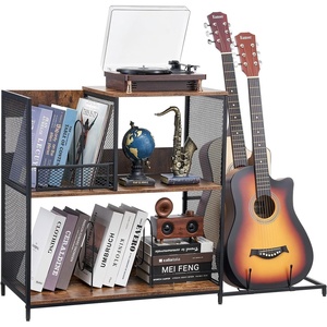 VEVOR 3-Tier Record Player Stand with Guitar Holder, Turntable Stand with Storage Holds Up to 300 Albums, Vinyl Record Cabinet with Metal Mesh Frame for Living Room, Bedroom, Black