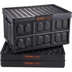 VEVOR 45L Collapsible Storage Bins with Lids 3 Packs, Stackable Utility Crates with Handles, Large Folding Containers for Organizing Tools, Snacks, Books, Food, Drinks, Camping & Transport(45L-Black-3PC)