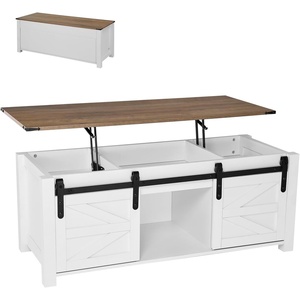 VEVOR 47.2” Farmhouse Lift Top Coffee Table with Sliding Barn Door, Rustic Center Table with Hidden Storage Compartment, Rectangle Lifting Large Tabletop for Living Room, Office, Easy Assembly, White