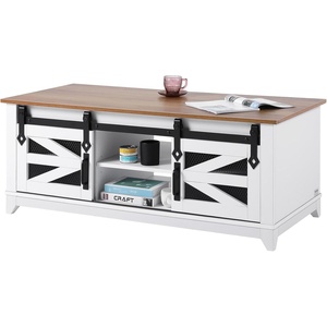 VEVOR 48″ Farmhouse Coffee Table, Rectangle Coffee Table with 2 Sliding Barn Doors, 2 Tiers Wooden Rustic Table with Removable Shelves for Living Room, Bedroom, Apartment, or Studio, White & Natural