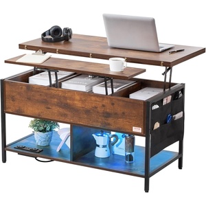 VEVOR 4-in-1 Lift Top Coffee Table, Multi-Function Convertible Coffee Table with Storage and Hidden Compartment, Farmhouse Center Table with Power Outlet & USB & LED Light for Living Room, Home Office(Brown)