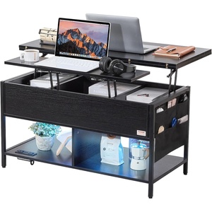 VEVOR 4-in-1 Lift Top Coffee Table, Multi-Function Convertible Coffee Table with Storage and Hidden Compartment, Farmhouse Center Table with Power Outlet & USB & LED Light for Living Room, Home Office(Black)