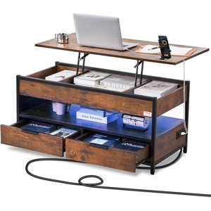VEVOR 4-in-1 Lift Top Coffee Table, Multi-Function Convertible Coffee Table with Storage and Hidden Compartment, Farmhouse Center Table with Power Outlet & USB & LED Light for Living Room, Home Office(Brown With Drawers)