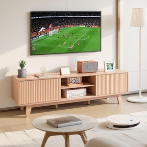 VEVOR 59″ Fluted TV Stand, Boho Entertainment Center for 55/60/65 inch TVs, Mid Century Modern Media Console TV Storage Cabinet with Sliding Door and Adjustable Open Shelves, for Living Room, Bedroom(Wood)