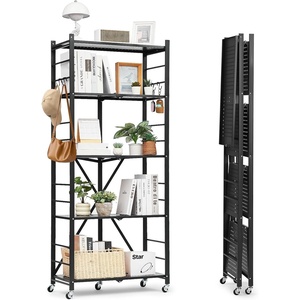 VEVOR 5-Tier Foldable Storage Shelf, 28W x 13D x 66H Inch Folding Metal Rack Shelving Unit, No Assembly Organizer Shelf with 5 Wheels & 4 Hooks for Pantry, Kitchen, Garage, Basement, Black