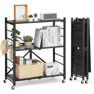 VEVOR 5-Tier Foldable Storage Shelf, 28W x 15D x 64H Inch Folding Metal Rack Shelving Unit, No Assembly Organizer Shelf with 5 Wheels & 4 Hooks for Pantry, Kitchen, Garage, Basement, Black(Black)