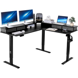 VEVOR 63” Electric L Shaped Standing Desk, 3 Memory Height, 2-Tier Corner Table with 4 Drawers Storage, 2 Hooks & Cable Hole, Heavy Duty Carbon Steel Sit Stand Computer Workstation, Easy to Assemble(63″ x 55″ + 4 Drawers & Storage)