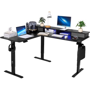 VEVOR 63” Electric L Shaped Standing Desk, 3 Memory Height, 2-Tier Corner Table with 4 Drawers Storage, 2 Hooks & Cable Hole, Heavy Duty Carbon Steel Sit Stand Computer Workstation, Easy to Assemble(63″ x 55″ + 2 Drawers & LED & Power Outlets)