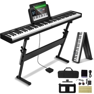 VEVOR 88 Folding Keyboard Bluetooth & MIDI, Portable Electronic Digital Foldable Piano with Stand Sustain Pedal Bag Touch Sensitive Keys, Rechargeable for Beginners Teens Adults, Black(88 Key Black  with Stand)