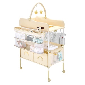 VEVOR Baby Changing Table, Adjustable Height Diaper Change Station with 2 Fabric Drawers, Side Basket and Hanging Rod, Foldable Changing Table with Lockable Wheels and 2 Star Toys, Light Beige(Beige)