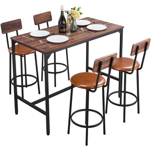 VEVOR Bar Table and Chairs Set, 5PCS 47.2″ Bars Tables Set with Rounded Edge Design, Rectangular Pub Table with Four Stools for Living Room, Dining Room, Kitchen, Walnut Color, Black(5PCS 47.2″)