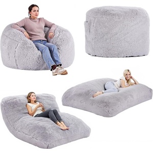 VEVOR Bean Bag Bed Chair, Convertible Chair from BeanBag to Lounge or Mattress, Gaint Bean Bag Chair Bed with Washable Cover for Adults, Fluffy Plush, Foam Filling and Side Pocket, Grey(Full Size)(Queen)