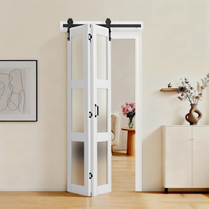 VEVOR Bifold Barn Door, 36″ x 84″, Frosted Glass Barn Door with Header Board and Hardware Kit Included, Space-Saving Design, Pre-Assembled Panels, Waterproof & Quiet, White(White+Glass)