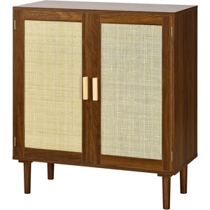 VEVOR Buffet Cabinet, Rattan Sideboard Cabinet with 2 Magnetic Doors and Adjustable Shelves, Accent Sideboard Buffet with Wooden Legs & Power Cord Hole for Hallway, Entryway, Kitchen, Black(Brown)