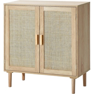 VEVOR Buffet Cabinet, Rattan Sideboard Cabinet with 2 Magnetic Doors and Adjustable Shelves, Accent Sideboard Buffet with Wooden Legs & Power Cord Hole for Hallway, Entryway, Kitchen, Black(Natural)