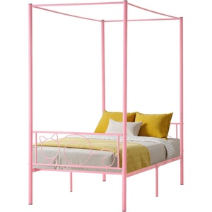 VEVOR Canopy Bed Frame Twin Size, Metal Canopy Bed with Minimalist Headboard & Four Posters Design, Heavy Duty Steel Slats Support, Underbed Storage Space, No Box Spring Needed, Easy Assembly, Pink(Twin)