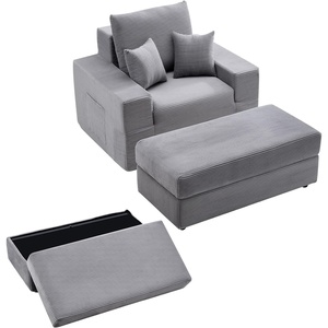 VEVOR Chaise Lounge Chair, 49″ Boneless Modular Chaise Lounge Indoor, Oversized Corduroy Reading Chair with Throw Pillows & Armrests, Deep Seat Sofa Couch Sleeper for Living Room, Bedroom, Beige(Grey)