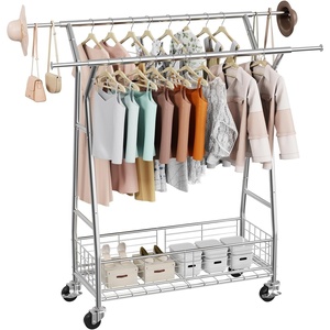 VEVOR Clothes Rack, Rolling Clothing Garment Rack, Extendable Carbon Steel Clothing Racks with Wheels for Bedroom, Laundry, Living Room(with Storage Basket)