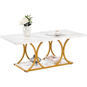 VEVOR Coffee Table, Modern Faux Marble Coffee Table, Large 2-Tier Rectangle Center Desk with Geometric Legs, Minimalist Sturdy Metal Frame Accent End Desk for Living Room, Office, Easy Assembly, White(47.2 Inch)