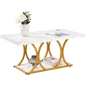 VEVOR Coffee Table, Modern Faux Marble Coffee Table, Large 2-Tier Rectangle Center Desk with Geometric Legs, Minimalist Sturdy Metal Frame Accent End Desk for Living Room, Office, Easy Assembly, White(39.3 Inch)