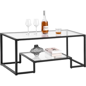VEVOR Coffee Table, Modern Tempered Glass Coffee Table with Lighting, 2 Tiers Rectangle Glass Center Desk with Open Storage, Minimalist Metal Accent End Desk for Living Room, Office, Easy Assembly(39.3 Inch without Lights)