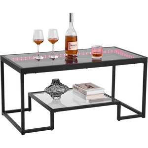 VEVOR Coffee Table, Modern Tempered Glass Coffee Table with Lighting, 2 Tiers Rectangle Glass Center Desk with Open Storage, Minimalist Metal Accent End Desk for Living Room, Office, Easy Assembly(39.3 Inch with Lights)