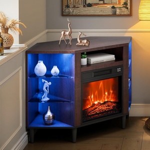 VEVOR Electric Fireplace TV Stand, Corner TV Stand for TVs up to 50″, Corner Console with 18″ Fireplace, Vintage Design, 20 LED Lights, Remote Control & Timer for Living Room, Brown(Brown)