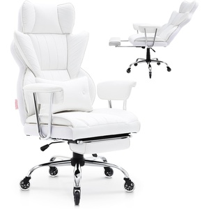 VEVOR Executive Office Chair with Footrest, 400lb Capacity Oversize Office Chair with Lumbar Pillow & Removable Armrests, Heavy Duty Ergonomic Chair, PU Leather Reclining Home Office Desk Chair, Brown(White)