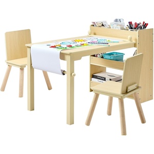 VEVOR Kids Art Table and Chair Set, Toddler Activity Table with Storage, Wood Kids Craft Desk with Paper Roll for Drawing, Reading, Writing, Kid Play Table for Nursery, Playroom, Classroom, White(Natural)