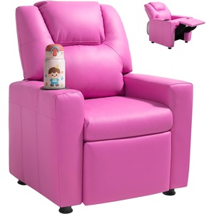 VEVOR Kids Recliner, Toddler Recliner with Cup Holder, 101° to 121° Adjustable Backrest, Push Back PU Leather Kids Reclining Chair Couch with Footrest & 90 lbs Load, Ideal for Child Ages 1-6, Brown(Pink)