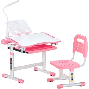 VEVOR Kids Study Desk and Chair Set, Learning Table and Chair for Kids with Table Lamp, Adjustable Height & 0-40° Tilted Desktop Toddler Desk and Chair, Table for Bedroom & Study Room, Pink(Pink)