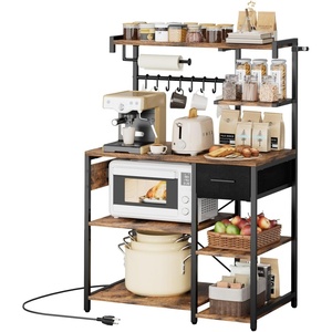 VEVOR Kitchen Bakers Rack with Power Outlets, 31.5 x 15.7 x 63.7Inch Microwave Stand with Built-in Power Strip & 5 Ft Cord, 12 S-Shaped Hooks, for Dish Storage, Spice Jars, Coffee Bar Organization(31.5 x 15.7 x 55.1)