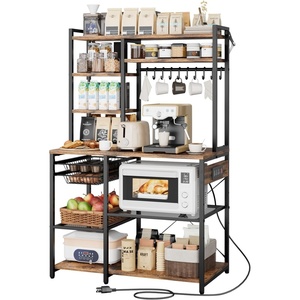 VEVOR Kitchen Bakers Rack with Power Outlets, 31.5 x 15.7 x 63.7Inch Microwave Stand with Built-in Power Strip & 5 Ft Cord, 12 S-Shaped Hooks, for Dish Storage, Spice Jars, Coffee Bar Organization(35.4 x 15.7 x 70.9)