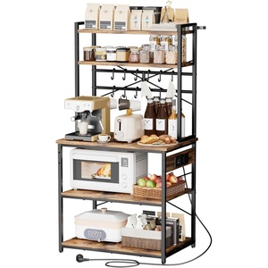 VEVOR Kitchen Bakers Rack with Power Outlets, 31.5 x 15.7 x 63.7Inch Microwave Stand with Built-in Power Strip & 5 Ft Cord, 12 S-Shaped Hooks, for Dish Storage, Spice Jars, Coffee Bar Organization(31.5 x 15.7 x 63.7)