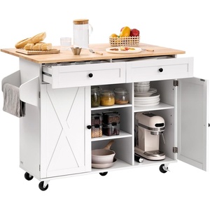 VEVOR Kitchen Island Cart, with Solid Wood Top and Storage Cabinet, Mobile Rolling Table with Drop Leaf, Drawers, Spice Towel Rack, Portable Islands on Swivel Wheels for Dining Room, 52in Width, White(51.97″D x 29.45″W x 35.28″H)
