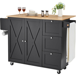 VEVOR Kitchen Island Cart, with Solid Wood Top and Storage Cabinet, Mobile Rolling Table with Drop Leaf, Drawers, Spice Towel Rack, Portable Islands on Swivel Wheels for Dining Room, 52in Width, White(45.3″ W)