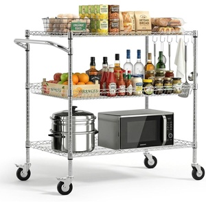 VEVOR Kitchen Utility Cart, 3 Tiers, Wire Rolling Table with 661 LBS Capacity, Steel Service Desk on Wheels, Metal Storage Trolley with 80 mm Deep Basket Curved Handle PP Liner 6 Hooks(25″D x 40″W x 40.9″H)