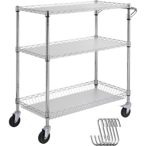 VEVOR Kitchen Utility Cart, 3 Tiers, Wire Rolling Table with 661 LBS Capacity, Steel Service Desk on Wheels, Metal Storage Trolley with 80 mm Deep Basket Curved Handle PP Liner 6 Hooks(18″D x 35″W x 40.9″H)