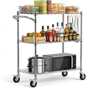 VEVOR Kitchen Utility Cart, 3 Tiers, Wire Rolling Table with 661 LBS Capacity, Steel Service Desk on Wheels, Metal Storage Trolley with 80 mm Deep Basket Curved Handle PP Liner 6 Hooks(18″D x 35″W x 40.9″H Upgraded)