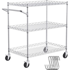 VEVOR Kitchen Utility Cart, 3 Tiers, Wire Rolling Table with 661 LBS Capacity, Steel Service Desk on Wheels, Metal Storage Trolley with 80 mm Deep Basket Curved Handle PP Liner 6 Hooks(18″D x 30″W x 32.4″H)