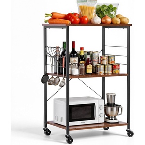 VEVOR Kitchen Utility Cart, 3 Tiers, Wire Rolling Table with 661 LBS Capacity, Steel Service Desk on Wheels, Metal Storage Trolley with 80 mm Deep Basket Curved Handle PP Liner 6 Hooks(15.8″D x 23.7″W x 35.5″H Vintage)