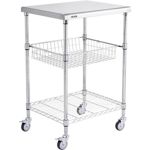 VEVOR Kitchen Utility Cart, 36.6″x20″x24″ 3 Tiers Wire Rolling Cart, 470LBS Capacity Steel Service Cart with Brake Wheels, Storage Trolley with 76mm Basket PP Liner 6 Hooks, for Indoor & Outdoor Use(Drawer Cart)
