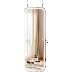 VEVOR LED Mirror Jewelry Cabinet, 42.5-inch Tall, Full-Length Mirror with Storage, Wall Mount/Over the Door Jewelry Armoire Organizer with Lights, Rounded Design, Lockable Door with 2 Keys, White(White with LED)