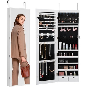 VEVOR LED Mirror Jewelry Cabinet, 42.5-inch Tall, Full-Length Mirror with Storage, Wall Mount/Over the Door Jewelry Armoire Organizer with Lights, Rounded Design, Lockable Door with 2 Keys, White(White)